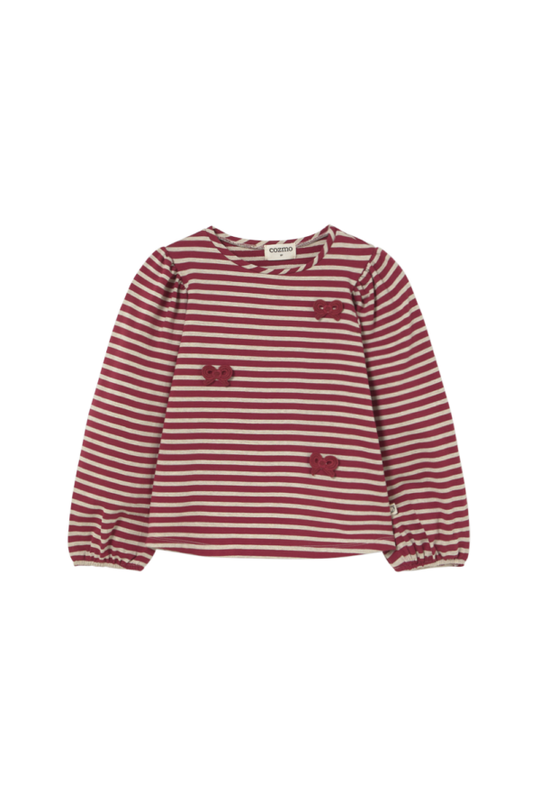 Cozmo - Striped Elastic Fleece Bows T-Shirt Pampa, burgundy striped elastic fleece