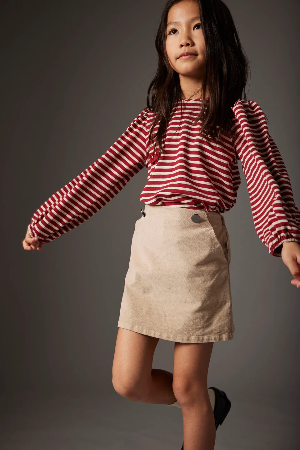 Cozmo - Striped Elastic Fleece Bows T-Shirt Pampa, burgundy striped elastic fleece