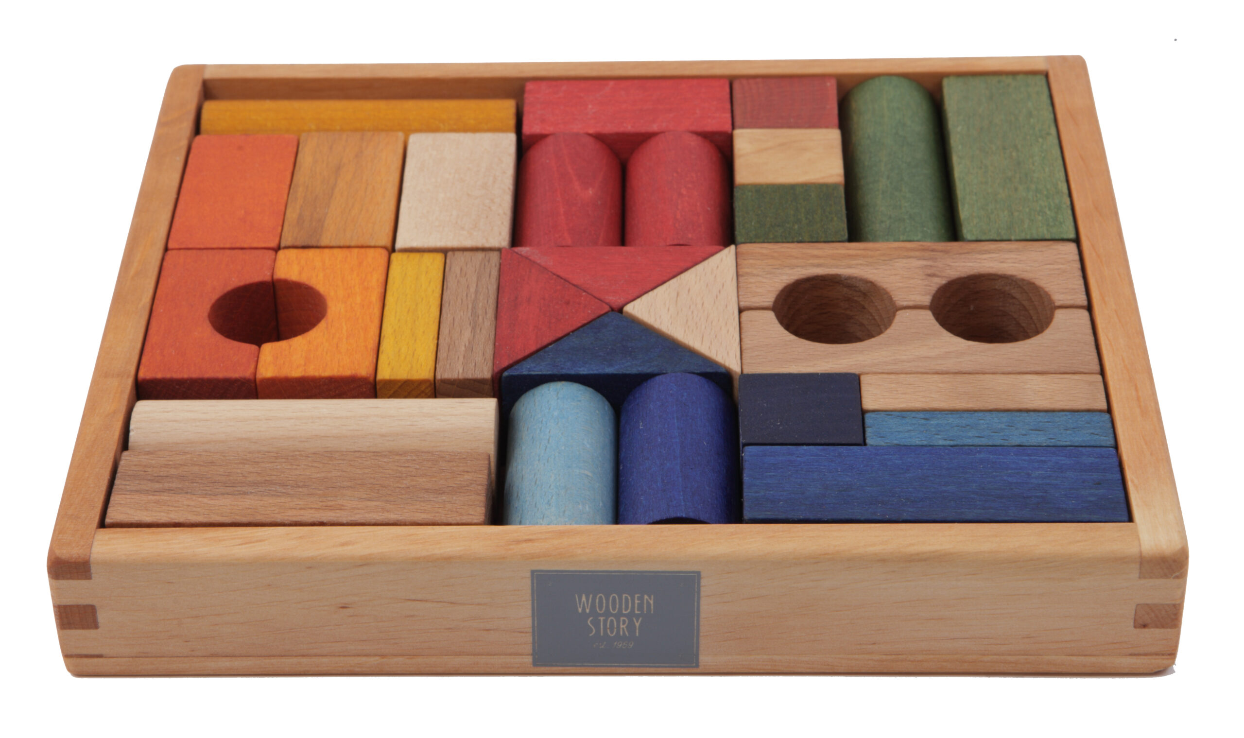 Wooden Toys - Montessori Rainbow blocks in tray - 30 pcs, playground, baby and kids, natural wood