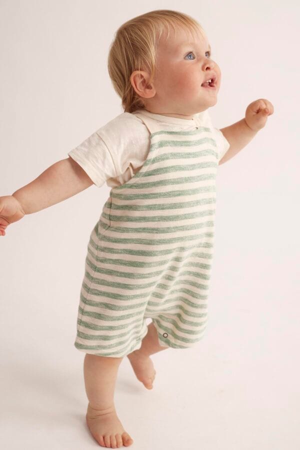 Organic thin stripes crepe baby overalls grass green - Image 4